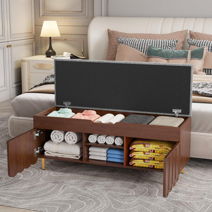 3More 40" Entryway Shoe Storage Bench,Upholstered Hidden Space Beneath Seat Cushion Bench,2-Tier Unique Geometric Shape with Wood Grain,Walnut