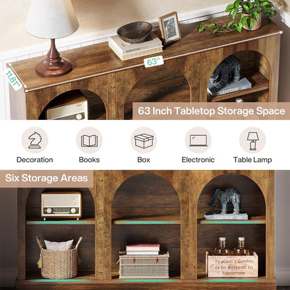 Tribesigns Arched Console Table, 63" Wooden Entryway Table with Storage | Farmhouse Long 3-Tier Sofa Table Behind The Couch for Entrance, Hallway, Living Room, Foyer, Brown
