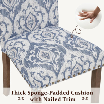 Furniliving Upholstered Dining Chairs Set of 2 - Line Fabric Modern Farmhouse Kitchen Chairs, High-Back Dining Room Chairs with Wooden Legs for Kitchen Dining Room Living Room.Floral Blue