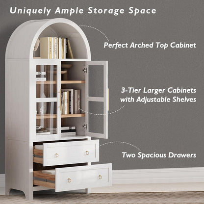 Merax 71" Tall Arched Farmhouse Pantry Cabinet with Glass Doors & 2 Large Drawers - Adjustable Shelves, Modern Kitchen Storage Cupboard for Dining Room, Living Room (30" W x 15.75" D), White