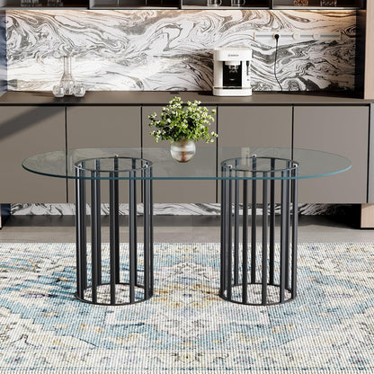 Oval Tempered Glass Dining Table for 4-8 People, 71'' Tall Kitchen Tables for Small Spaces, Modern Dinning Room Furniture, Metal Pillar Base, for Living Room, Kitchen, Dining Room, Black
