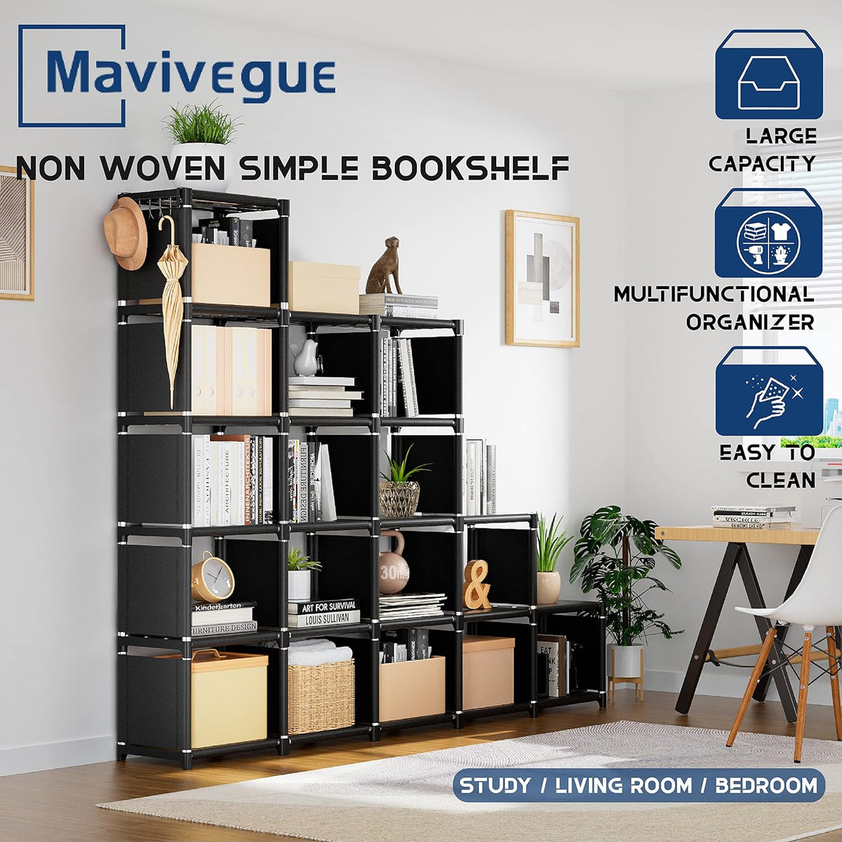 Mavivegue Bookcase, 18-Cube Extra Large Book Shelf, DIY Cube Storage Organizer for Bedroom, Living Room, Home Office - Black