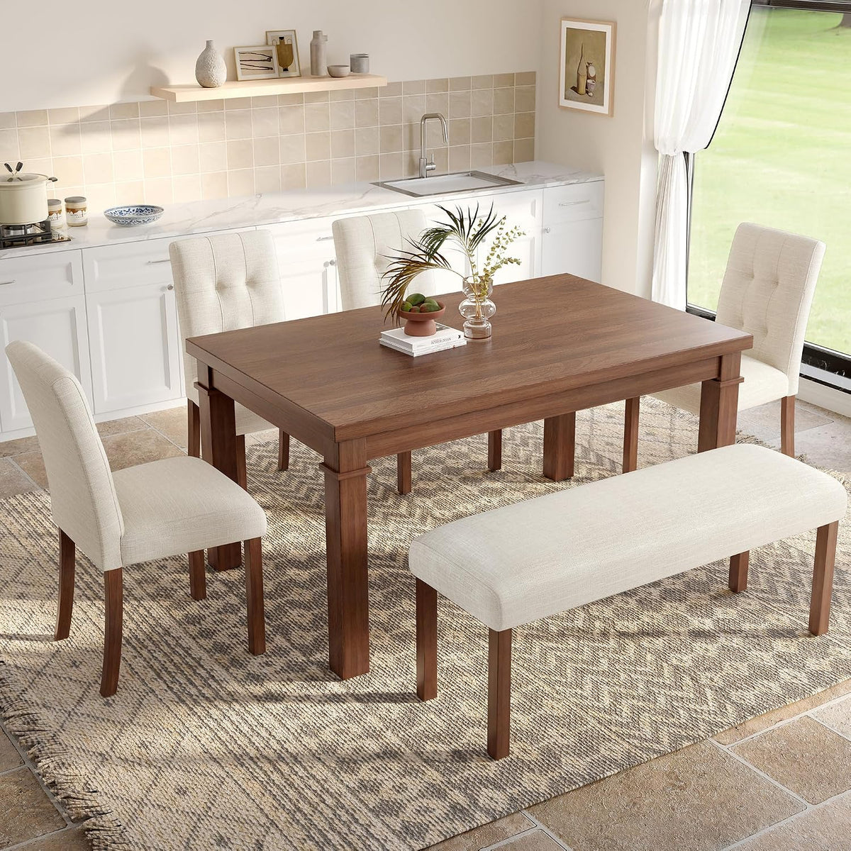 Ball & Cast Dining Table Set for 6 W/Bench & 4 Upholstered Chairs,6 Piece Dining Set W/ 60" Rectangle Kitchen Table & Anti-Scratch Pads,Table and Chairs Set for Living Room,Dining Room,Walnut