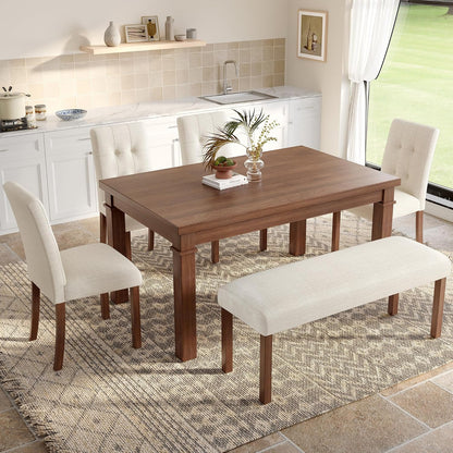 Ball & Cast Dining Table Set for 6 W/Bench & 4 Upholstered Chairs,6 Piece Dining Set W/ 60" Rectangle Kitchen Table & Anti-Scratch Pads,Table and Chairs Set for Living Room,Dining Room,Walnut