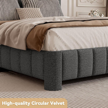 Queen Bed Frame with Adjustable Headboard, Boucle Queen Size Bed Frame