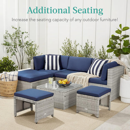 Best Choice Products Set of 2 Wicker Ottomans, Multipurpose Outdoor Furniture for Patio, Backyard, Additional Seating, Footrest, Side Table w/Removable Cushions, Steel Frame - Midnight Green/Brown