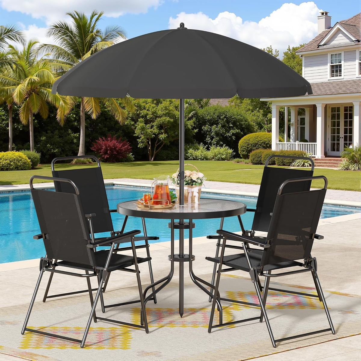 Shintenchi 6 Piece Patio Dining Set with Umbrella, Outdoor Furniture Set with 4 Folding Chairs and Tempered Glass Top Dining Table fot Lawn Backyard Garden Porch Black