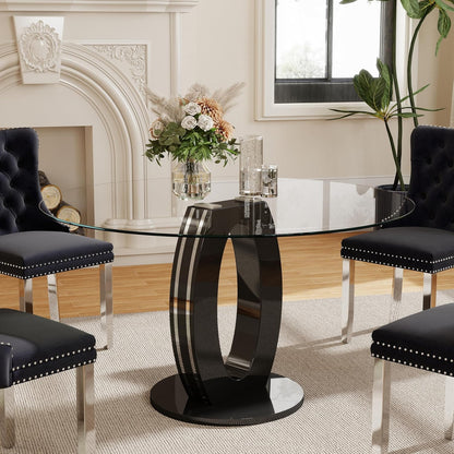 RGZ 47'' Modern Luxury Clear Glass Round Dining Table for 4-6, Glass Circle Top Kitchen Table with Elegant Silver Decorative Strips & Black Base, Circular Apartment Dinner Table for Home, Living Room