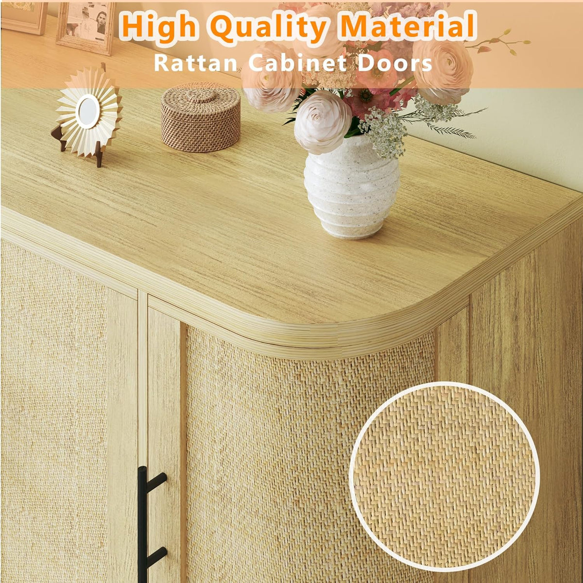 HUAHUU Sideboard Buffet Cabinet with Storage, 47.2" Rattan Sideboard Cabinet with Adjustable Shelf, Metal Legs, Modern Buffet Sideboard for Kitchen, Living Room, Entryway, Natural Oak
