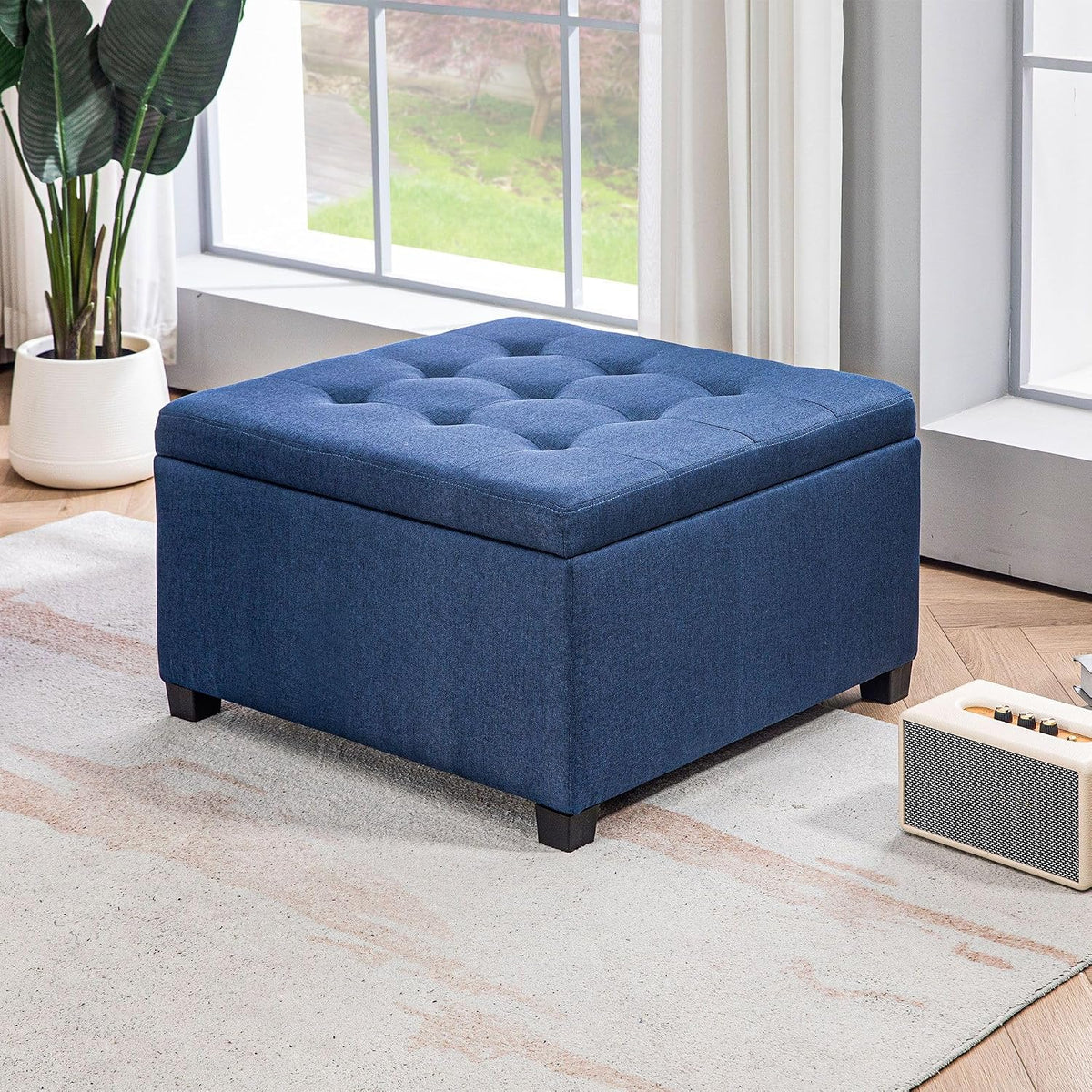 Round Storage Button Tufted Flip Top Ottoman in Classic Blue Velvet with Comfortable Upholstery and Premium Quality Design