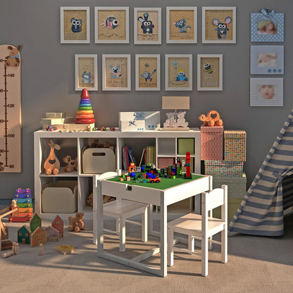 4NM 3 in 1 Kids Table Set, Children Tables and Chairs, Toddler Play Activity Table with Hidden Storage Wood Building Block Desk for Ages 3-7 - White Green