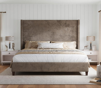 HOWE Upholstered Queen Bed Frame with 61" Tall Wingback Headboard, Chestnut