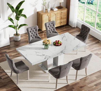 63"-78.74" White Faux Marble Extendable Dining Room Table Set for 6, 7-Piece Dining Table Set with 6 Chairs, Rectangle Wooden Expanding Kitchen Table and Grey Upholstered Chairs Set