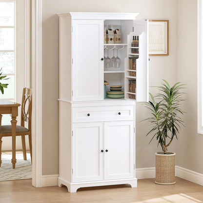 Spirich 71'' Tall Kitchen Pantry Cabinet, Wood Food Pantry Cabinet with Drawers and Wine Glass Rack, Freestanding Storage Cabinet for Kitchen, Living Room, Dining Room, White