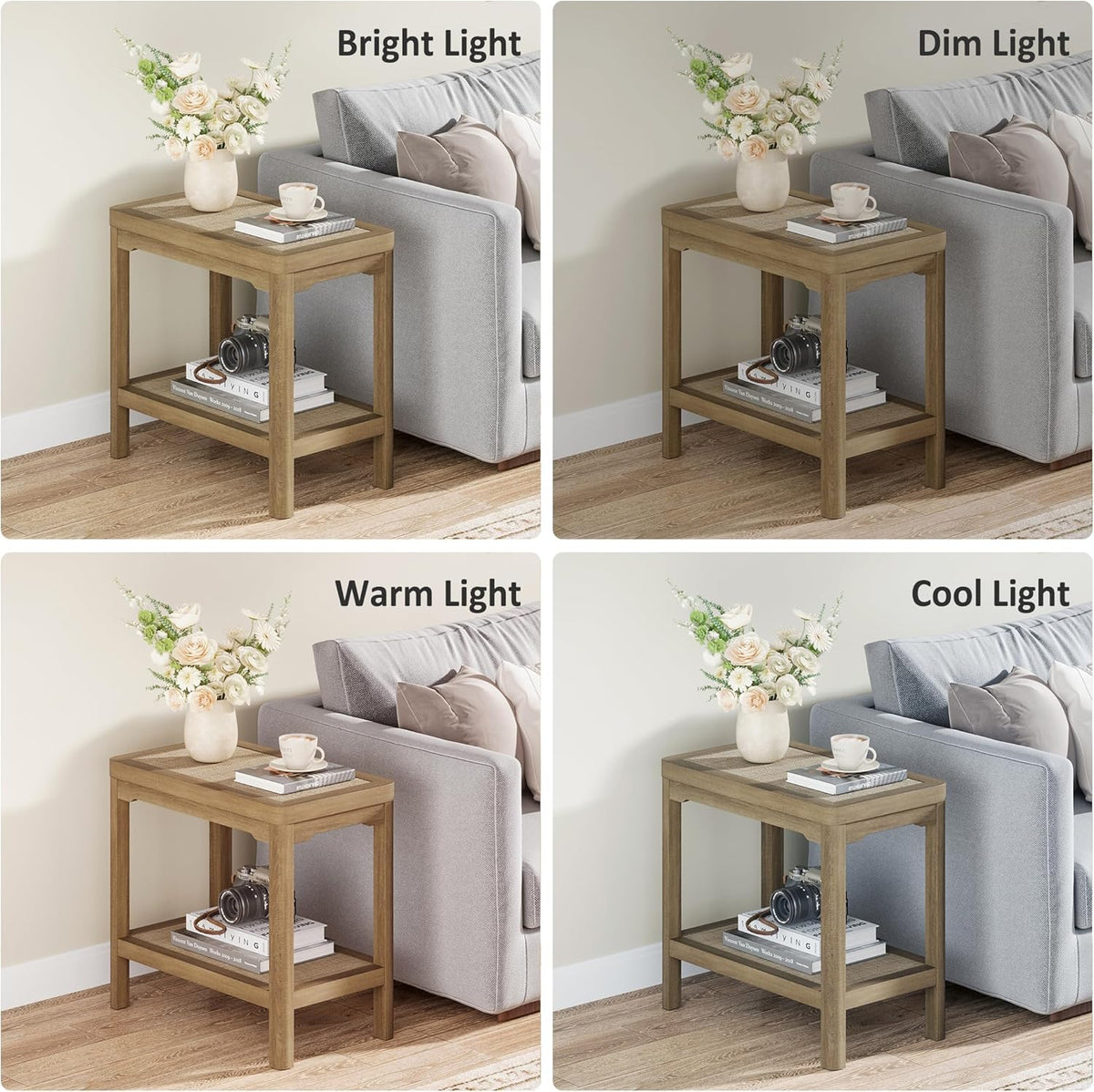 Eclatara Night Stand Set of 2, Farmhouse End Table with 2 Tier Boho Rattan Shelves, Side Tables with Round Edge Design, Ultra-Thick Legs Bedside Nightstand for Bedroom, Caramel Oak