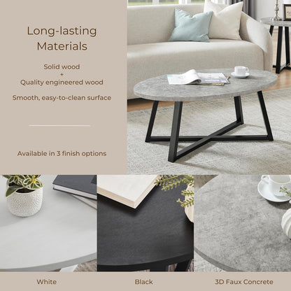 Polay Coffee Table Set 3-Piece Oval Wood with 2 Round End Tables | Modern 3-piece set with durable MDF tops and solid rubberwood legs. Oval coffee table plus two round end tables for a co