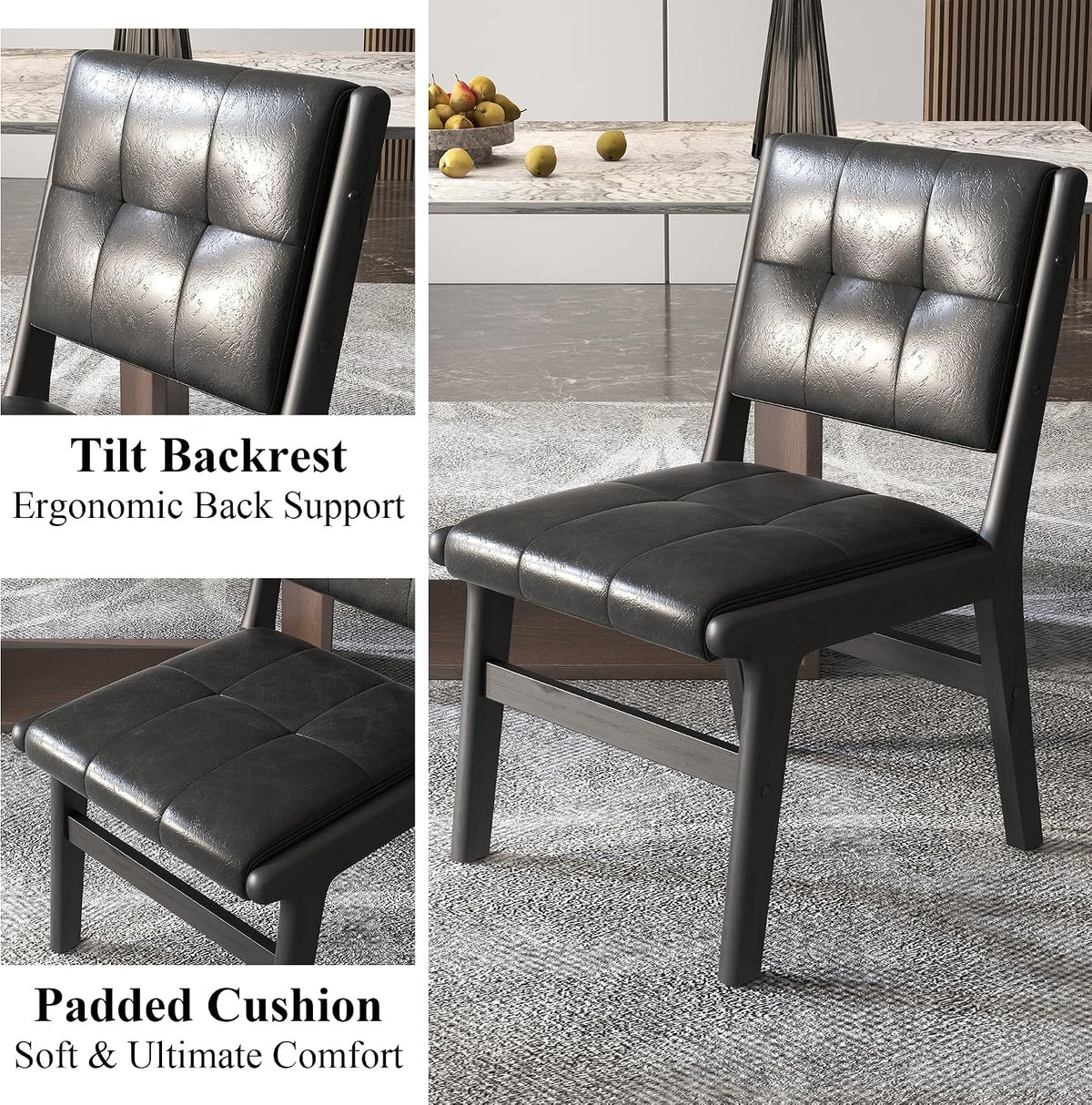 civama Faux Leather Dining Chairs Set of 6, Dining Room Armless Kitchen Chairs with Comfy Back, Solid Wood Frame & Upholstered Cushion for Living Room, Cafe and Restaurant, Black