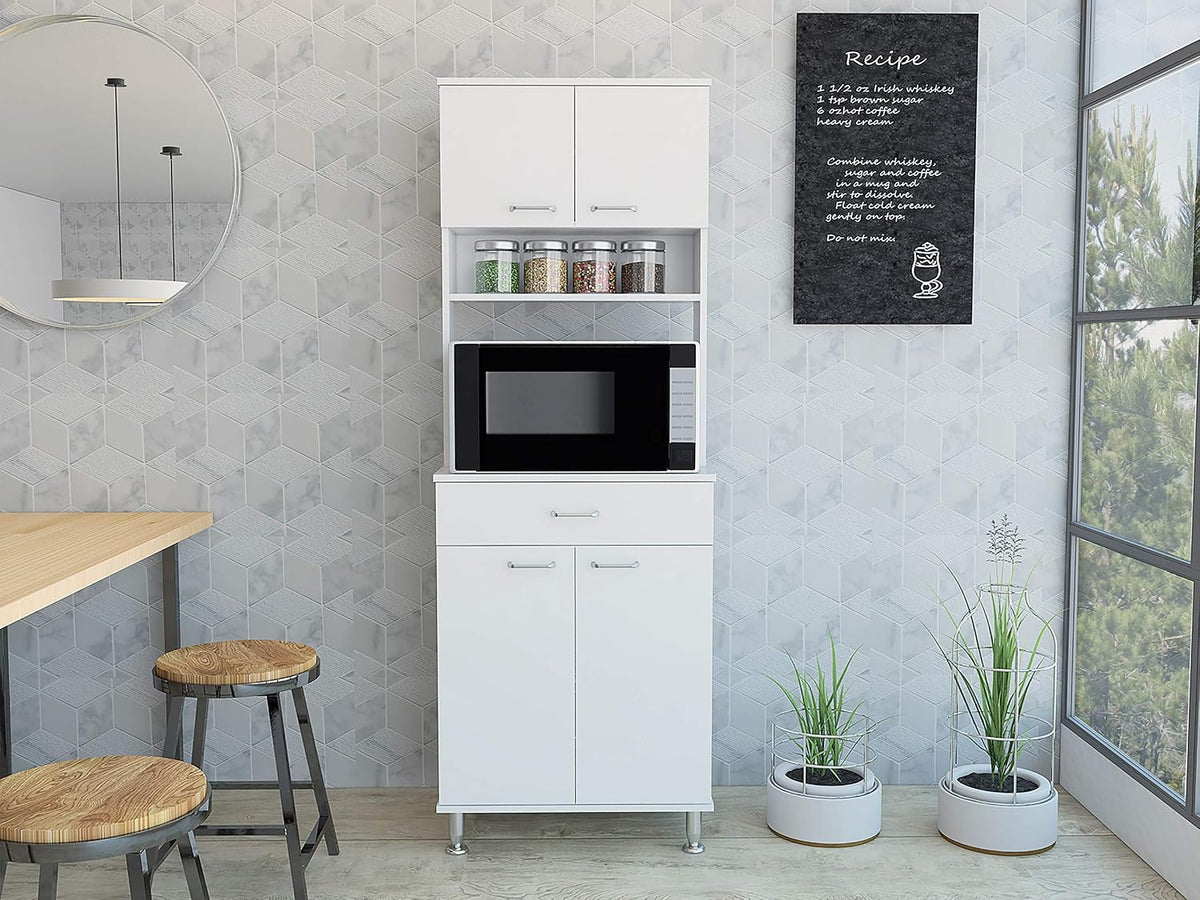 Della 60 Kitchen Pantry with Countertop, White - Open & Closed Storage, Microwave Stand