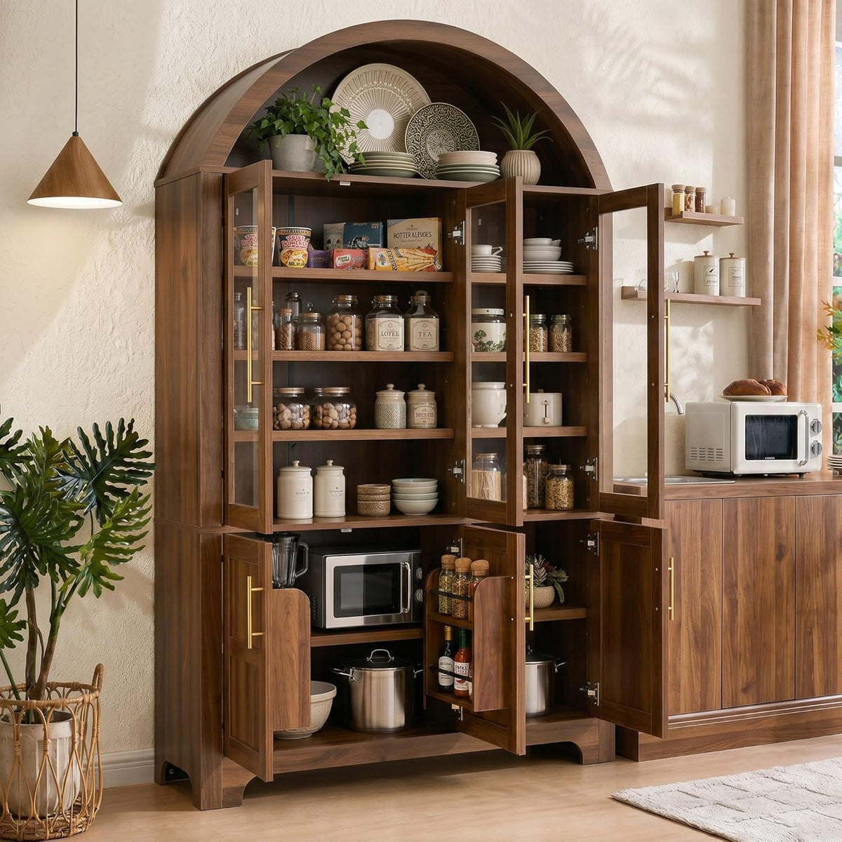 Merax 72.8" H Arched Kitchen Pantry with 3 Glass Doors, Kitchen Cabinet with Door Shelves and Adjustable Shelves, Wooden Cupboard for Dining Room, Living Room or Kitchen, Walnut