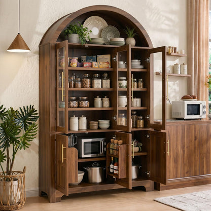 Merax 72.8" H Arched Kitchen Pantry with 3 Glass Doors, Kitchen Cabinet with Door Shelves and Adjustable Shelves, Wooden Cupboard for Dining Room, Living Room or Kitchen, Walnut