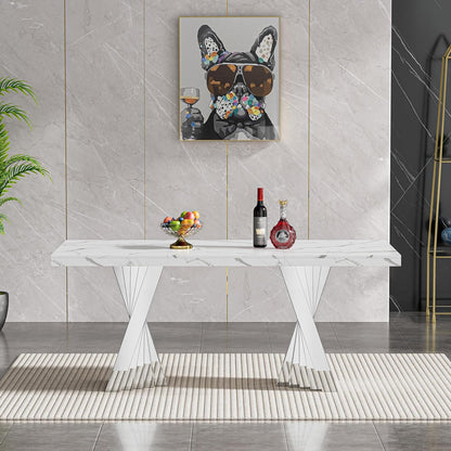 70" Faux Marble White Dining Table for 6, Modern Dining Room Table with 0.71" Marble Printing MDF Top and Flash-Shaped Silver Stainless Steel Base,Rectangular Large Kitchen Dinner Table