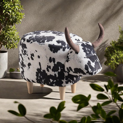 Modern Ottoman, Cow-Shaped Velvet Accent Footstool with Birch Legs for Living Room, Bedroom, Porch, Garden, Balcony Decor, Artsy Animal Print Foot Stool, Cute Foot Rest for Couch Sofa(Black + White