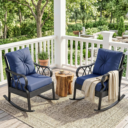 Outsunny 2 Piece Outdoor Wicker Rocking Chairs with Padded Cushions, Aluminum Furniture Rattan Porch Rocker Chairs w/Armrest for Garden, Patio, and Backyard, Blue