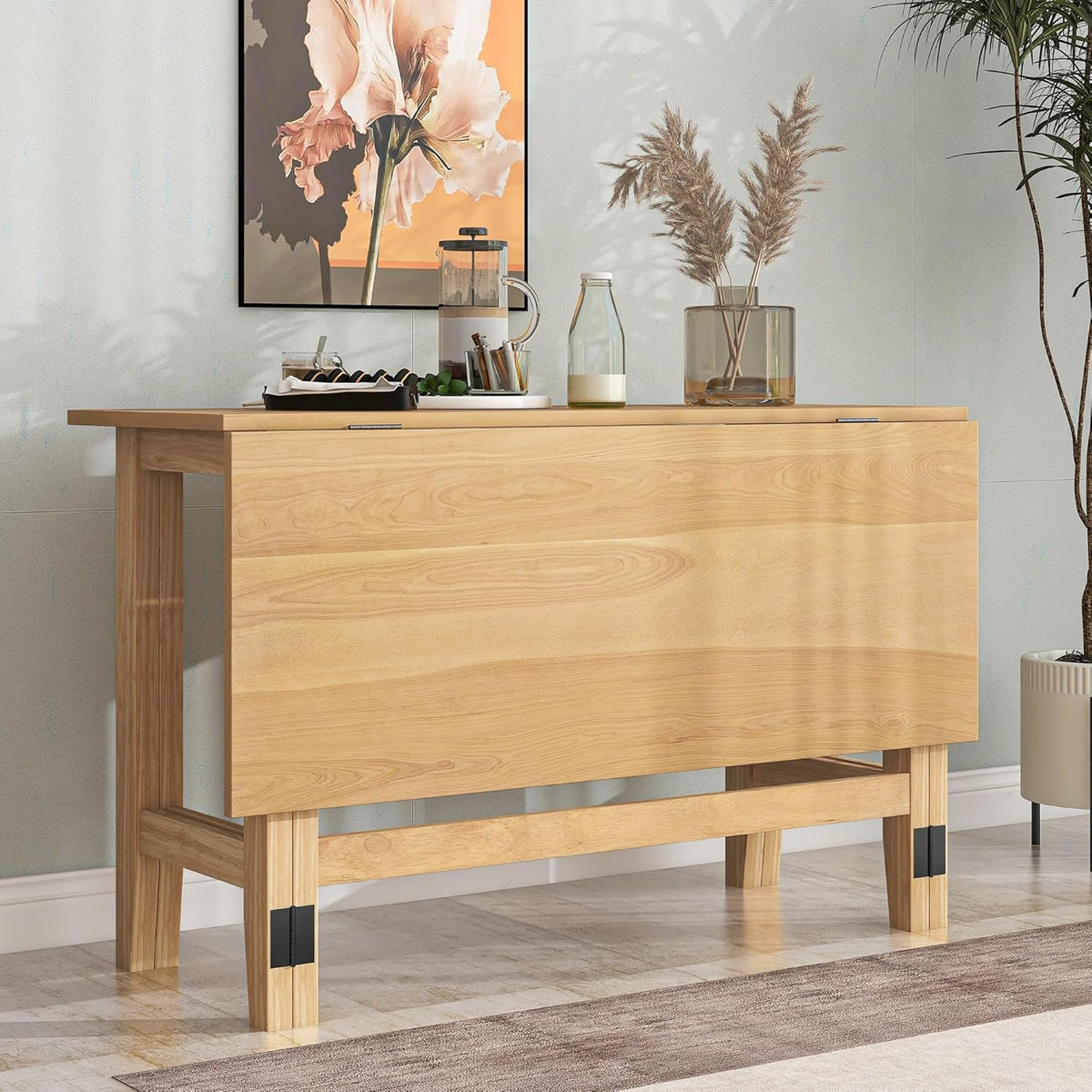 Merax Farmhouse Wood Extendable Dining Table with Drop Leaf for Small Places, Modern Freestanding Scalable Desk for Kitchen & Living Room, Natural