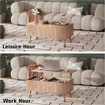 Lift Top Coffee Table with Storage, Mid Century Modern Coffee Table with Solid Wood Legs, 38" Minimalist Fluted Center Table for Living Room, Home Office, Natural Oak
