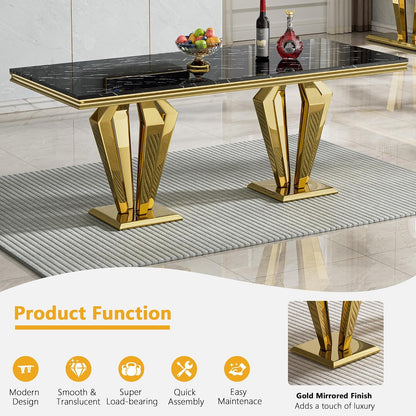 Luxury Marble Dining Table for 4 to 6, 68 inch Black Faux Marble Dining Table with Gold Stainless Steel Diamond Shaped Base, Modern Rectangle Kitchen Dining Room Table for Family Dinner Party