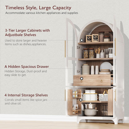 71" Tall Arched Farmhouse Pantry Cabinet with Adjustable Shelves & Glass Door, Spacious Storage Cabinet with Hidden Drawer & Door Racks for Kitchen, Dining Room, Living Room(White)