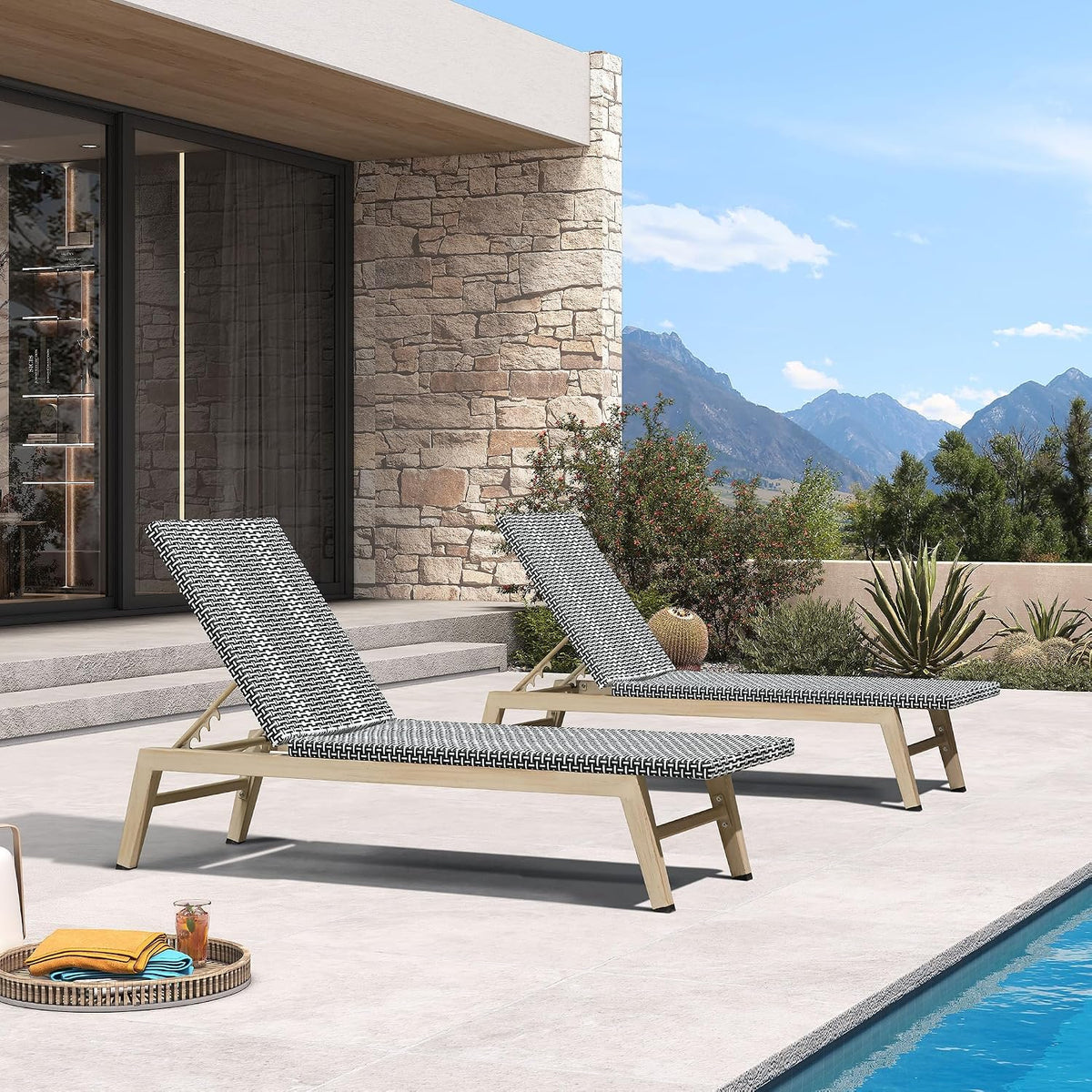 PURPLE LEAF Oversize Outdoor Chaise Lounge Set of 2 Champagne Frame, Black | 3-Year Color Retention PE Rattan, 2.4" Thickened Aluminum Frame, 16.14" Knee-Friendly Height, French-Inspired Style