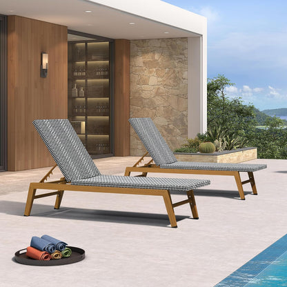PURPLE LEAF Outdoor Chaise Lounge Chair Wood Grain Aluminum Set of 2, Black | 3-Year Color Retention PE Rattan, 2.4" Thickened Aluminum Frame, 16.14" Knee-Friendly Height, French-Inspired Style