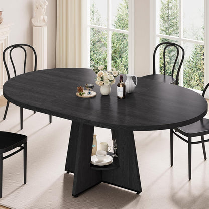 43''–59'' Extendable Dining Table, Round Kitchen Dining Room Dinner Table with for 4 6 8 People, Space Saving Modern Oval Expandale Furniture with Storage and Pedestal for Kitchen Living Room (Black)