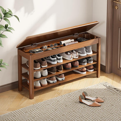 IUNVR Shoe Rack Bench Seat Rubberwood 3-Tier Wooden Storage Bench 550lbs Compact Mid-Century Modern Design for Entryway, Hallway, Closet, Front Door Entrance, Foyer