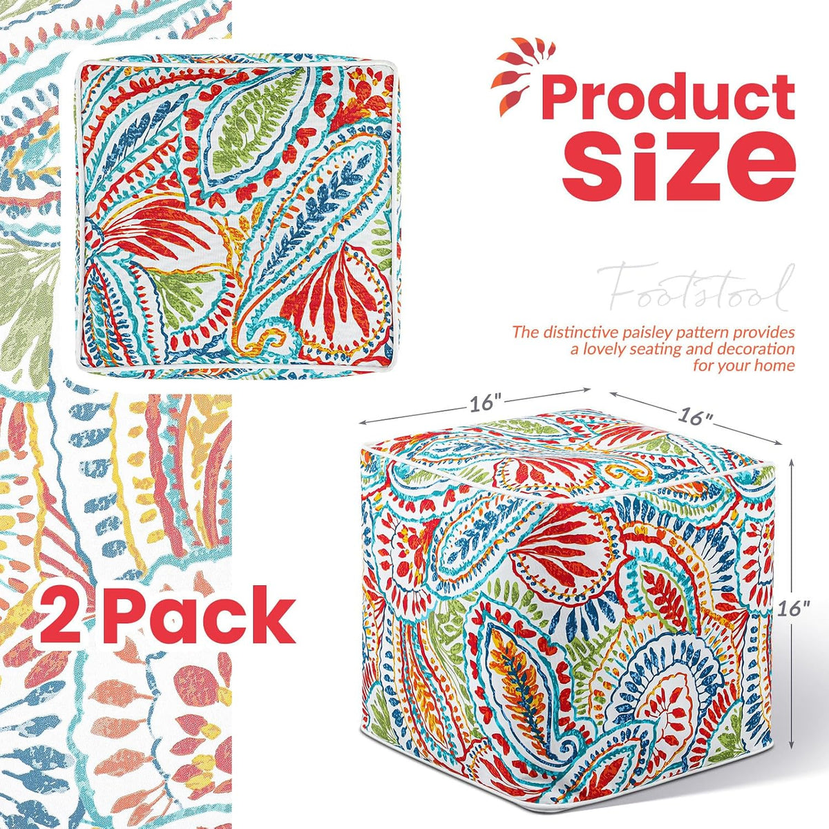 Juexica 2 Pack Inflatable Outdoor Ottoman Pouf Waterproof Cube 16" Square Blow up Ottoman Footrest with Handle Outdoor Portable Footstool for Patio Garden Camping or Home Pool(Retro,Red)