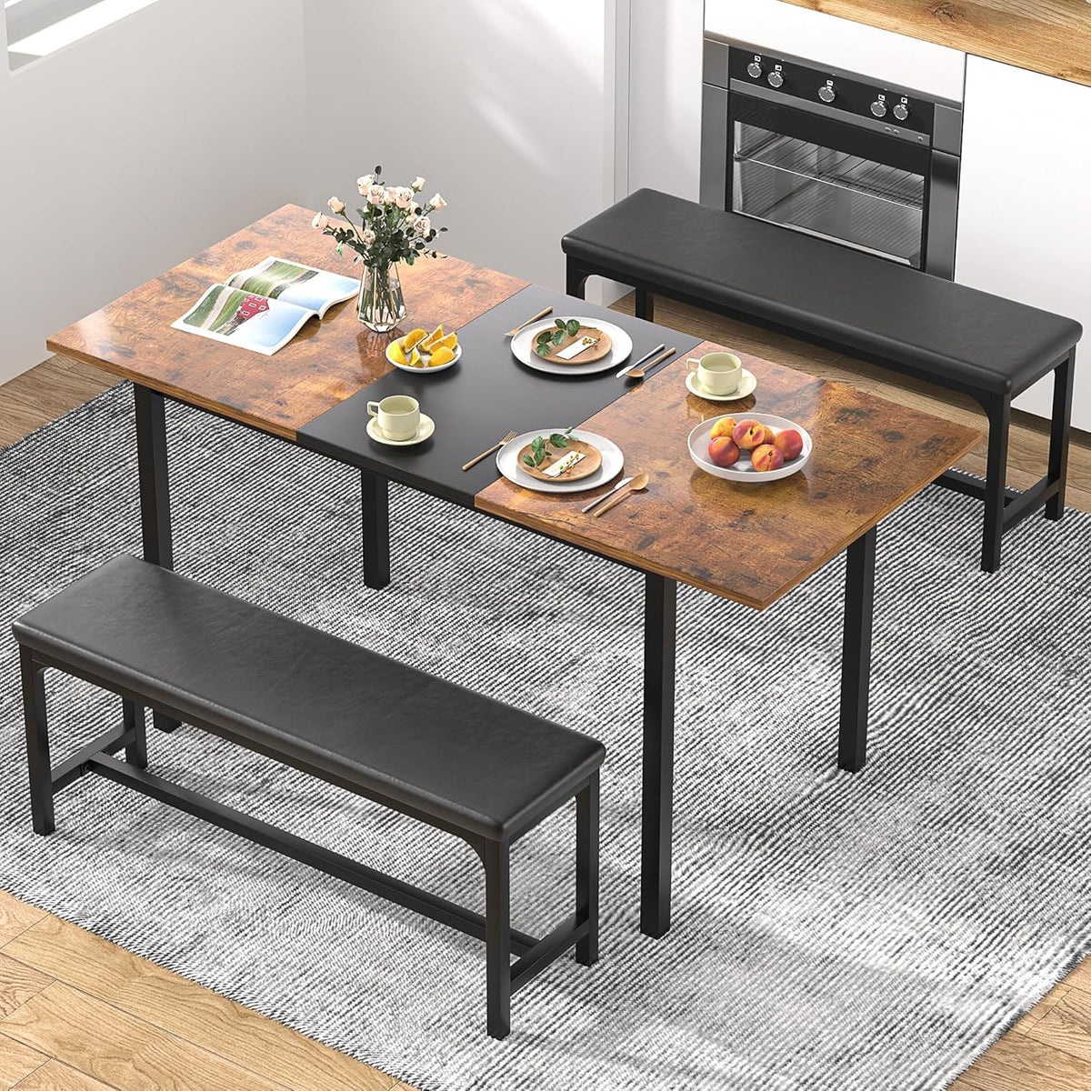 VECELO 3-Piece 63" Extendable Kitchen Table with Benches/Chairs, Modern Breakfast Dinette/Dining Room Set for 4/6/2, Small Space Saving Design, Easy Assembly