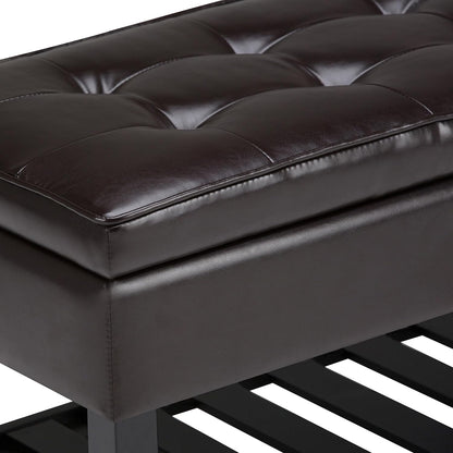 SIMPLIHOME Cosmopolitan 44" Wide Vegan Leather Storage Ottoman in Brown | Tanners brown, transitional storage ottoman bench with tufted lift-top and open shelf; rectangle footstool or footrest.