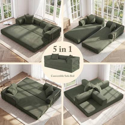 Cloud Couch Futon Sofa Bed, 5-in-1 Convertible Sofa Bed Pull Out Couch Sleeper Sofa Compressed Loveseat, 70" High-Density Sponge & Corduroy Fabric Futon Daybed for Living Room Bedroom(Green)