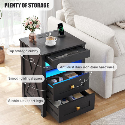 Farmhouse LED Nightstand Set 2 with Gun Drawer&Invisible Lock,Modern Bedside Table with Human Sensor Design,Rustic Side Table with Wireless Charging for Living Room, Black