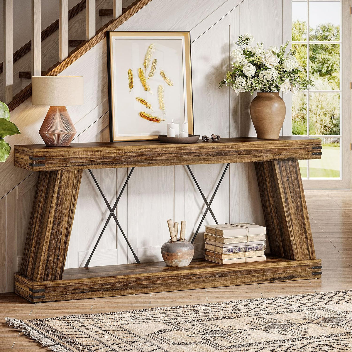 Tribesigns 70.9" Farmhouse Console Table, Long Sofa Table Behind Couch with Storage, Narrow Wooden Console Station, Industrial Rustic Entryway Furniture for Hallway, Entry, Living Room (1, Dark Brown)