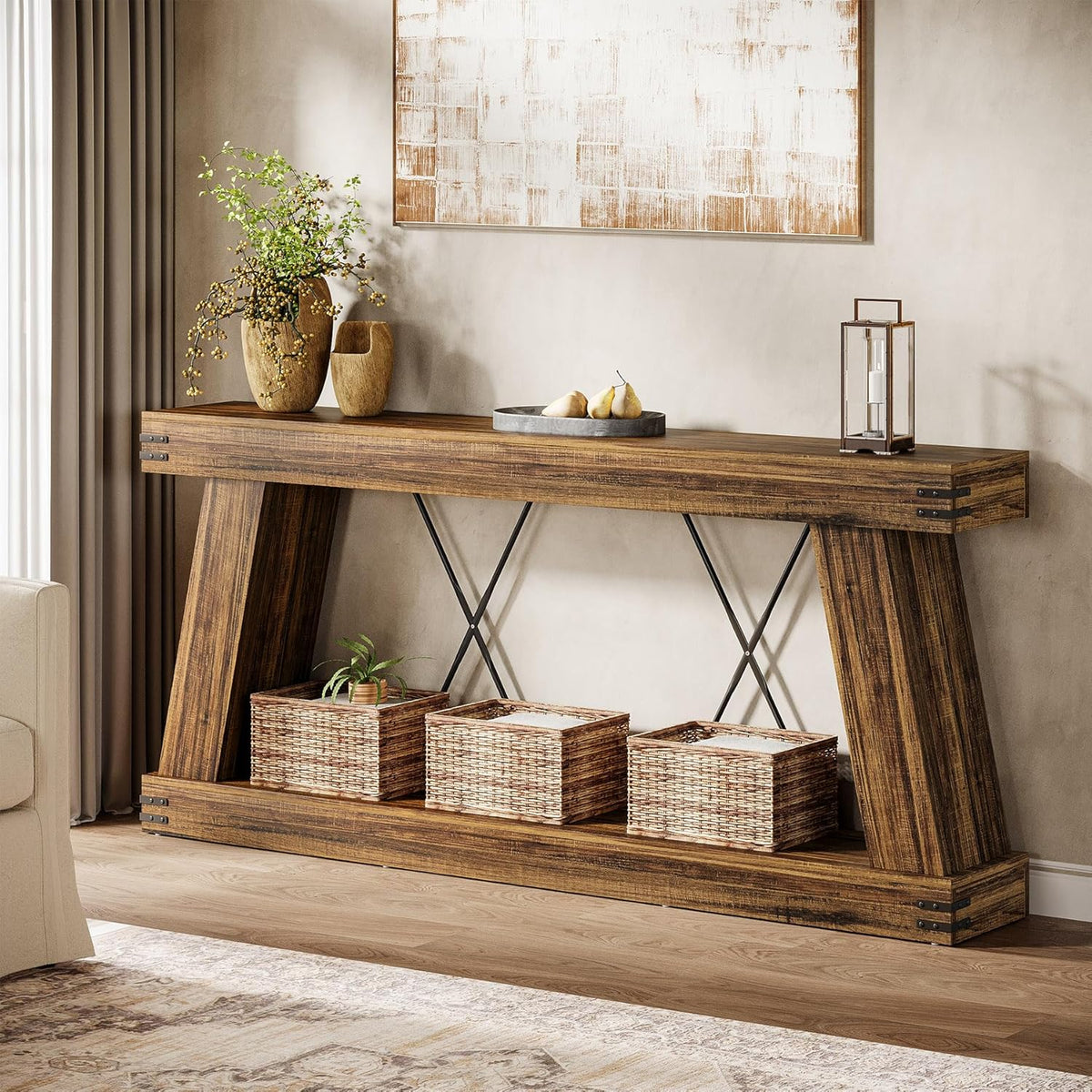 Tribesigns 70.9" Farmhouse Console Table, Long Sofa Table Behind Couch with Storage, Narrow Wooden Console Station, Industrial Rustic Entryway Furniture for Hallway, Entry, Living Room (1, Dark Brown)