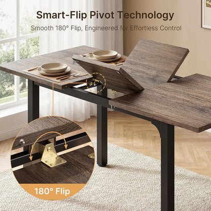 Ahomly 63“ Extendable Dining Table Set with 180° Smart-Flip Pivot, Gray | Dining Table Set for 4,Kitchen Table with Bench,Small Dining Table,Perfect for Small Space,Dinner Room Table Set for 6