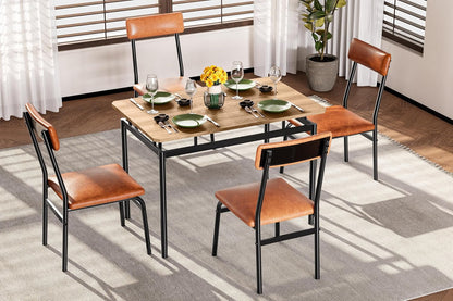 Garvee Dining Table Set for 4, 5 Piece Wooden Dining Table and Chairs, 4 PU Upholstered Chair, Modern Metal Frame Dinette Set for Dining Room, Home Dinner, Party, Apartment, Brown