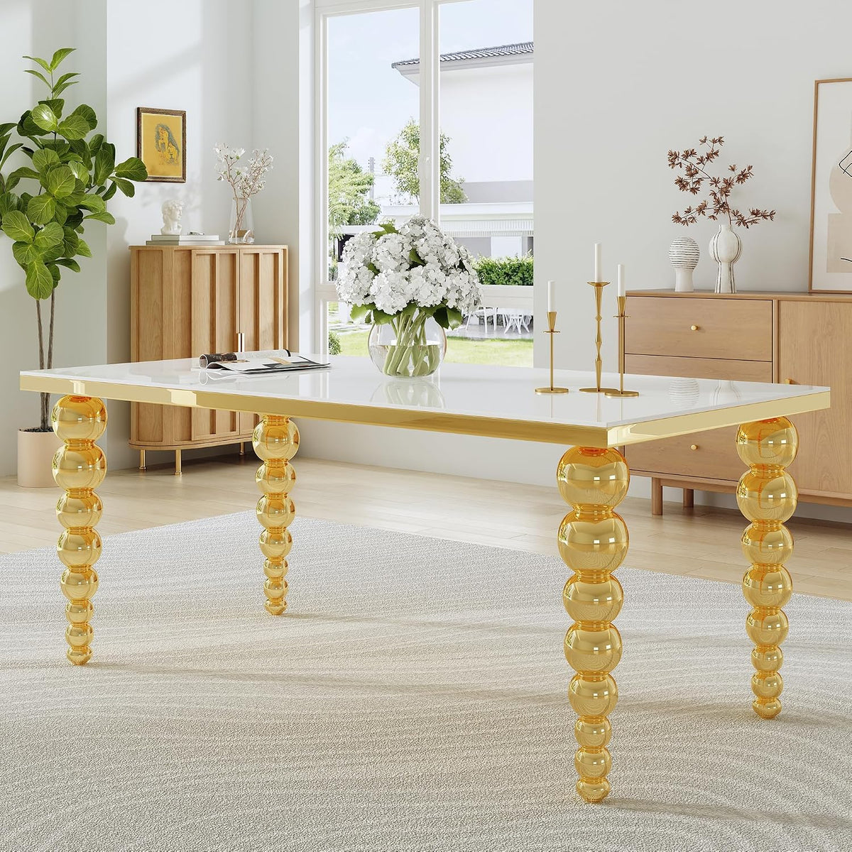 70" Rectangular Glass Dining Table for 6-8, White Tempered Glass Top with Gold Mirrored Stainless Steel Sphere Legs, Modern Luxury Dining Table for Kitchen and Dining Room