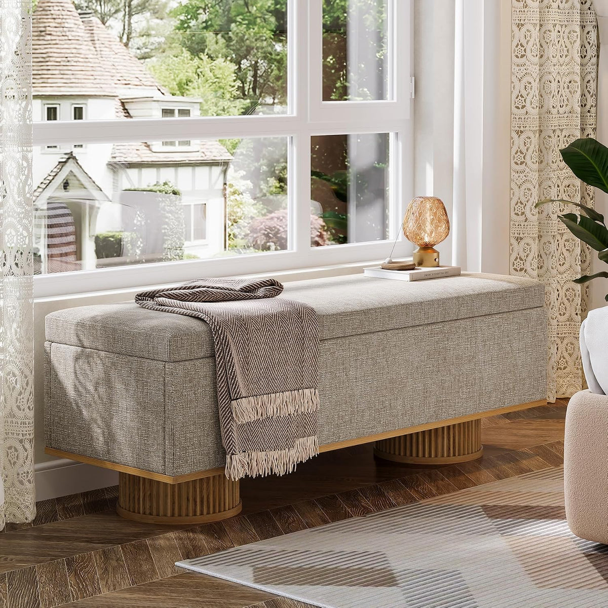 Tribesigns 50.39" Storage Bench with Padded Seat Cushion, Upholstered Shoe Bench with Flip Up Storage for Bedroom, Living Room, Entryway, Load up to 330 lb, Beige + Wood Color