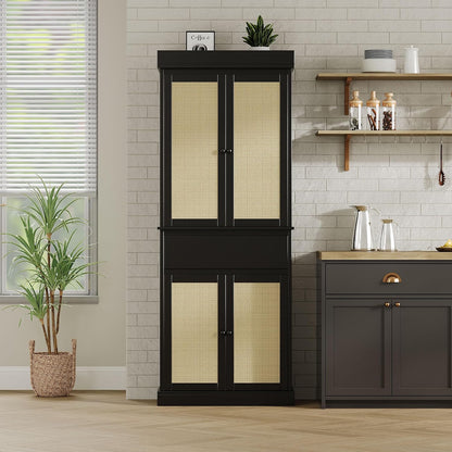 69 Inch Tall Pantry Cabinet , Slim Wood Storage Cupboard with Adjustable Shelves, Rattan Doors and Drawer, Freestanding Kitchen Organizer, Bathroom Linen Cabinet for Dining Room and Laundry Room