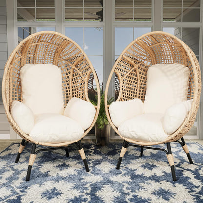 2 pcs Oversized Wicker Egg Chair Outdoor Indoor - Rattan Patio Egg Lounge Chairs with Cushion 500lbs Capacity for Living Room, Balcony, Backyard