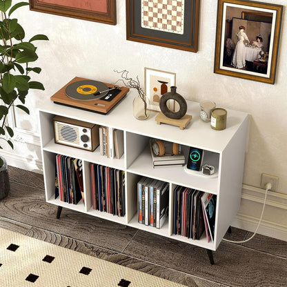 LOKO Large Record Player Stand, Vinyl Record Holder with Built-in Power Outlet, Open Shelves & Compartments, Turntable Display Stand for Living Room, Bedroom, Office (White)