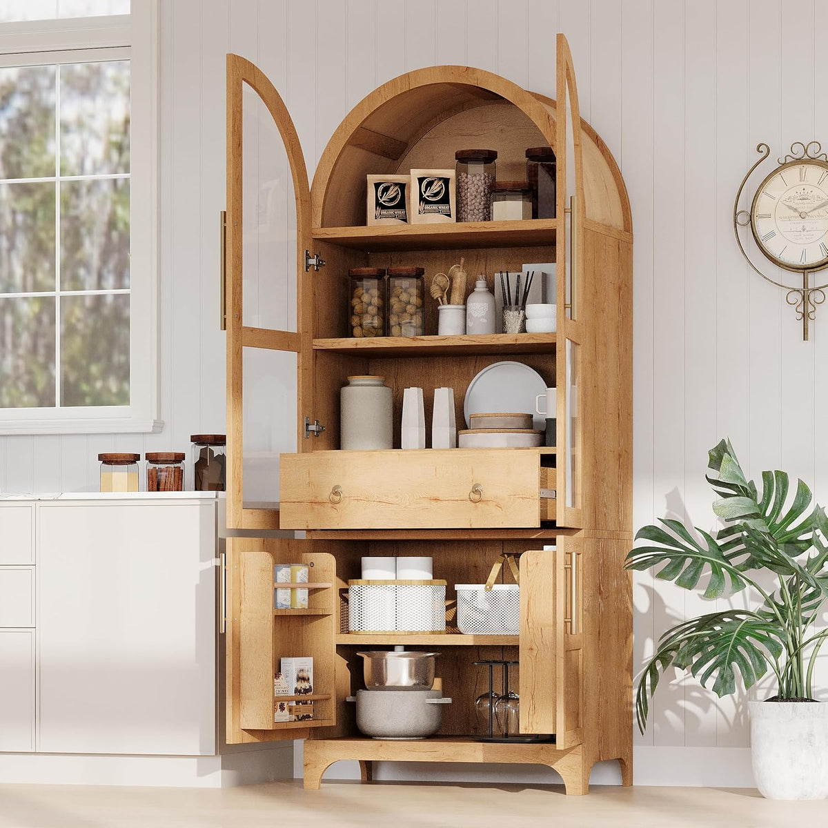 71" Tall Arched Kitchen Pantry Cabinet with Door Shelves, Farmhouse Kitchen Storage Cabinet with Open & Adjustable Shelves, Hidden Drawer & Glass Door, Cupboard for Kitchen, Dining Room, Natural